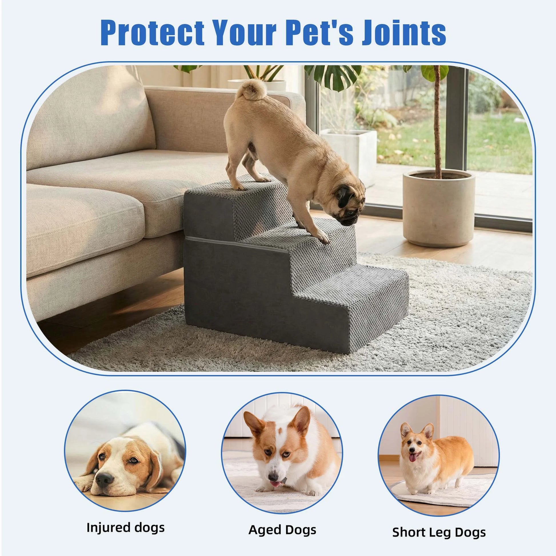 3-Step 13'' Tall Dog Stairs, Right-Angle Design, Non-Slip Foam Core, Easy Clean, Indoor & Outdoor Use for High Beds & Sofas