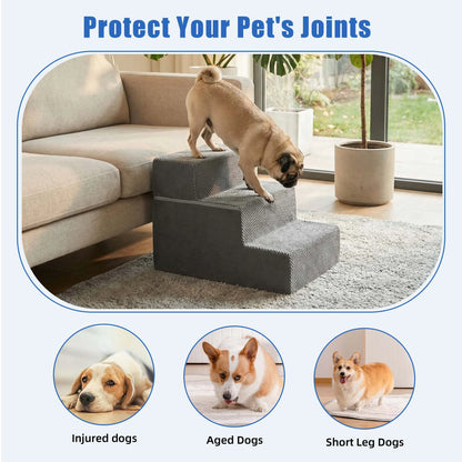 3-Step 13'' Tall Dog Stairs, Right-Angle Design, Non-Slip Foam Core, Easy Clean, Indoor & Outdoor Use for High Beds & Sofas