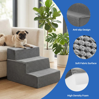 3-Step 13'' Tall Dog Stairs, Right-Angle Design, Non-Slip Foam Core, Easy Clean, Indoor & Outdoor Use for High Beds & Sofas